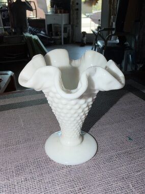 Vintage Fenton White Hobnail Milk Glass Ruffle Vase